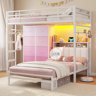 Twin Over Twin Bunk Bed With 8 Storage Drawers, Charging Station And Led Lights, L-shaped Metal Bunk Beds With Storage Headboard, Modern Twin Loft Bed by Latitude Run