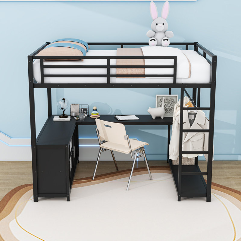 Lit mezzanine en métal avec bureau, garde-robe et tablettes de rangement, Lit double, Noir