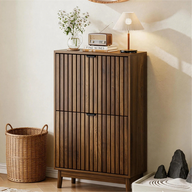 Rangement à chaussures 16 à 20 paires, armoire à chaussures étroite avec 2 tiroirs rabattables et tablettes réglables pour le vestibule