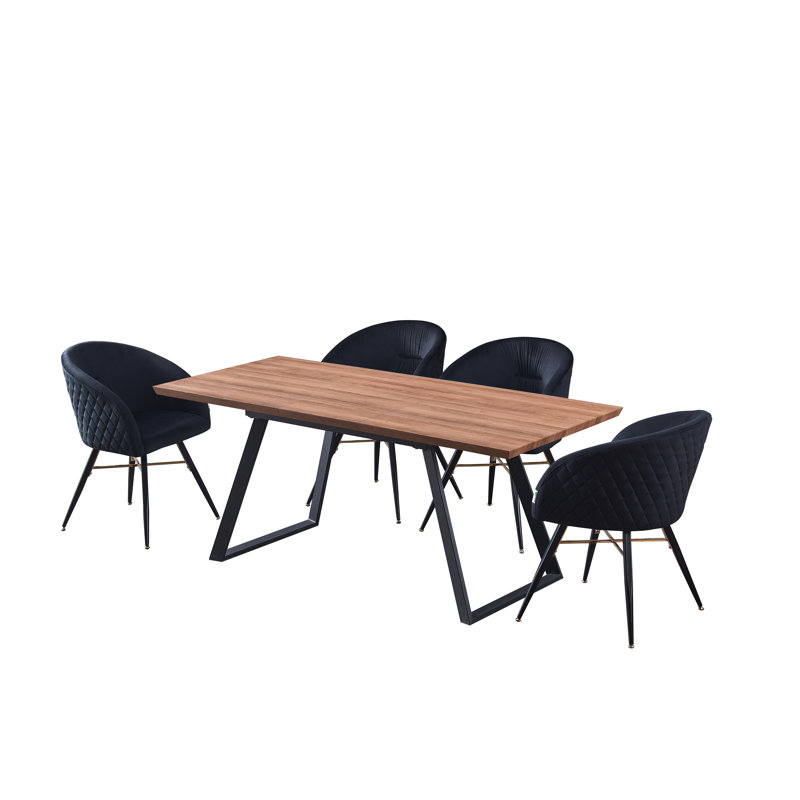 Goddard 4 Person Dining set - a Rectangular Extendable Dining Table with Metal Legs and a Set of 4 Quilted Velvet Dining Chairs for Dining Room - Modern Dining Table Set