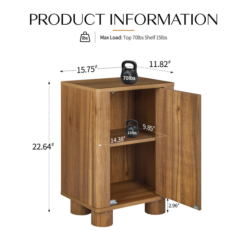 Table de chevet à porte cintrée, meuble d'appoint vintage en bois d'ingénierie noyer foncé avec pieds en pin