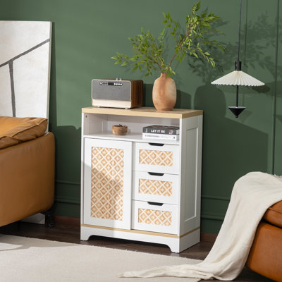 Alcott Hill 3-Drawer Accent Storage Cabinet With Rattan Door And Adjustable Shelf