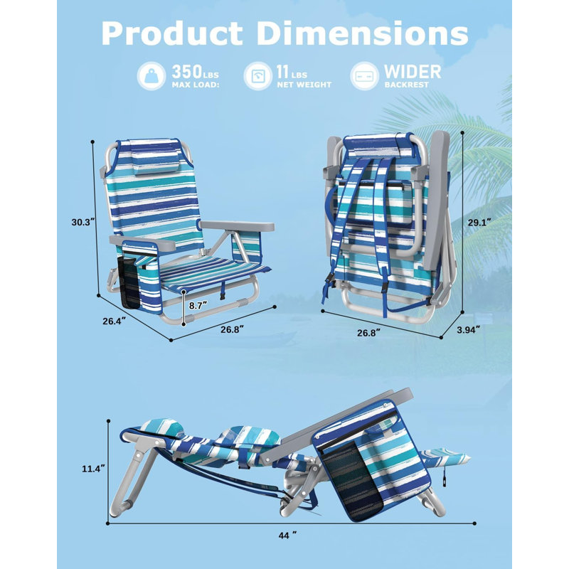 Chaise de plage à dossier inclinable, chaises de plage pliantes portatives avec 5 positions réglables, glacière intégrée et sangles de sac à dos