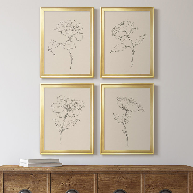 Floral Contour Study I - Ensemble de 4 reproductions d'art sur toile, Cadre doré, H 36,5 po x l 106 po x P 1 po