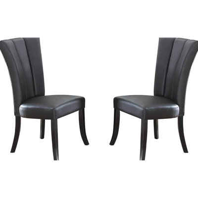 2Pc Black Faux Leather Dining Chairs, Modern Design With Wide Flair Back And Padded Seat, Rubber Wood Chairs In Leather, Support Cozy Cushion Material