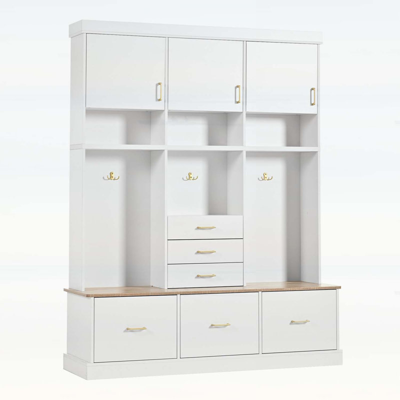 Hall Tree with Bench,Coat Rack,6 Drawers,3 Cabinets,for Hallway,Entryway,Living Room,Mudroom, White/Natural