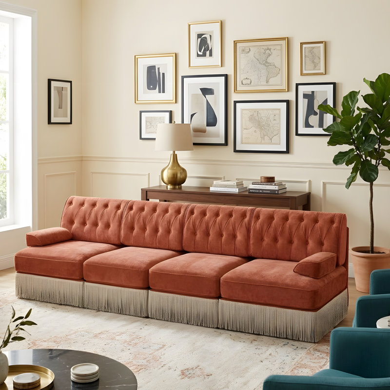 Canapé de style Chesterfield, H 34,18 po x l 135,58 po x P 33,78 po, Rouge