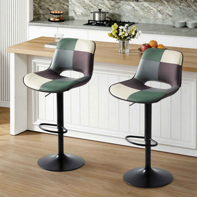 Adjustable Height Bar Stool, Easy-Clean Faux Leather Seat with Half Round Footrest, Sturdy Black Metal Frame for Kitchen Island