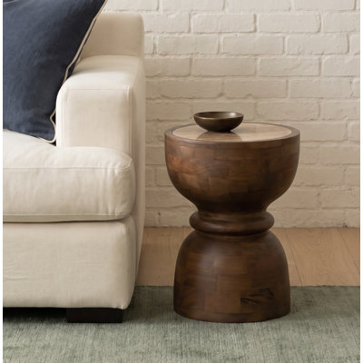 17.7'' Tall Round Marble Top End Table, Drink Table with Solid Mango Wood Pedestal Base