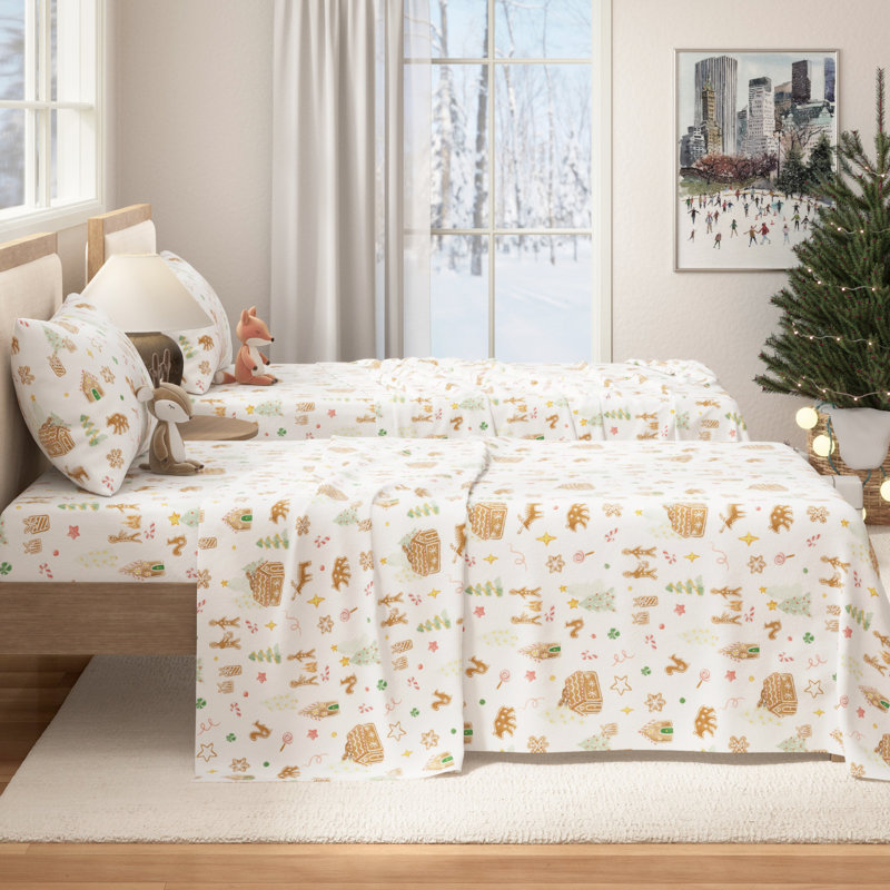Ensemble de draps de Noël 100% flanelle de coton turc, Ensemble de draps pour grand lit avec 2 taies d'or, Gingerbread Lane