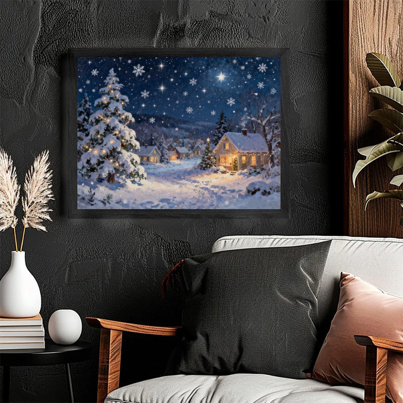 Art mural de village de Noël fantaisiste noir encadré, décor de scène d'hiver enneigé, H 11 po x l 9 po
