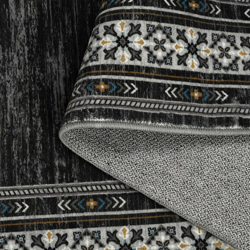 Tapis lavable moderne en simili laine avec envers antidérapant, Noir, 8 x 10 pi