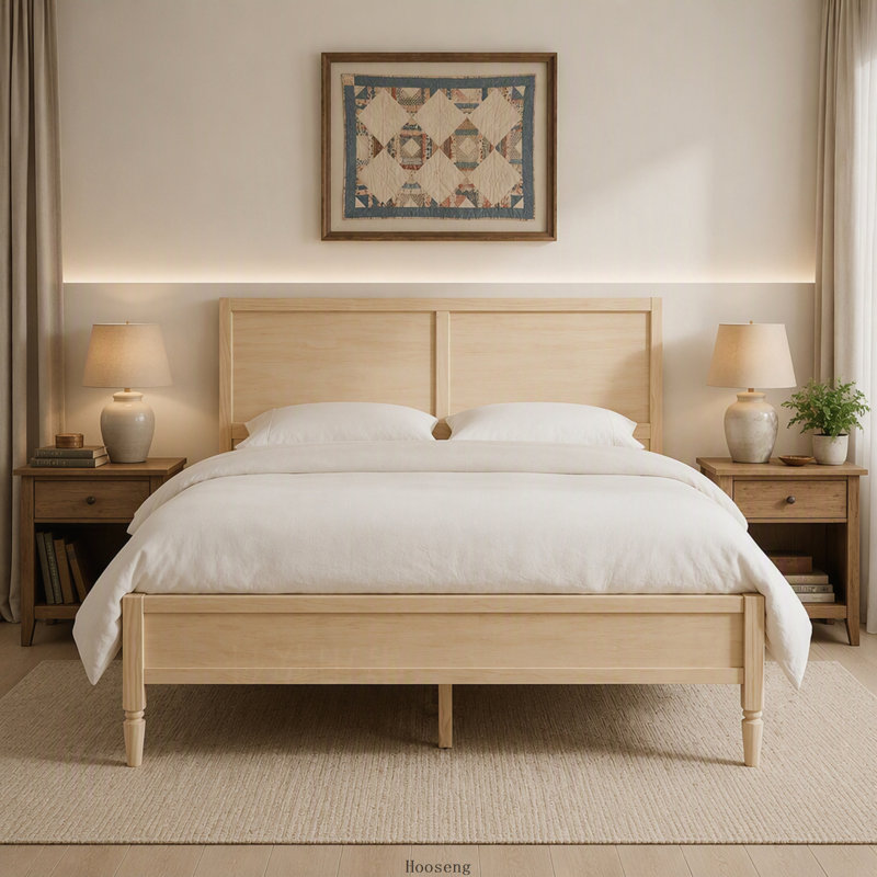 Lit plateforme en bois Queen avec tête de lit classique à panneaux et sommier à lattes, naturel, sans sommier tapissier.