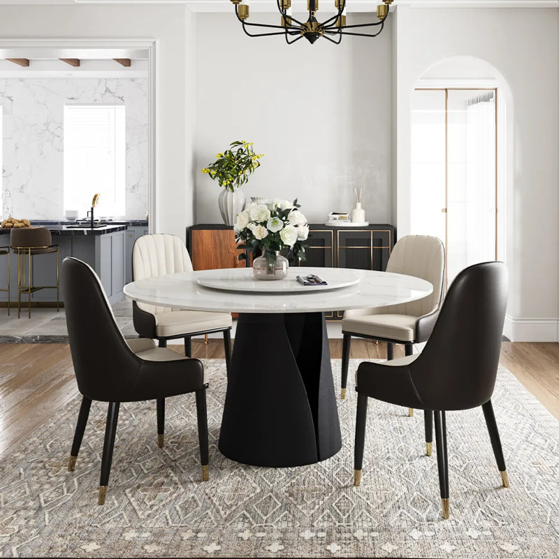 Suzzie Modern Sintered Stone Round Dining Table for 4-6 with Pedestal Base and Lazy Susan, 47"+23.6", Black, Glossy White