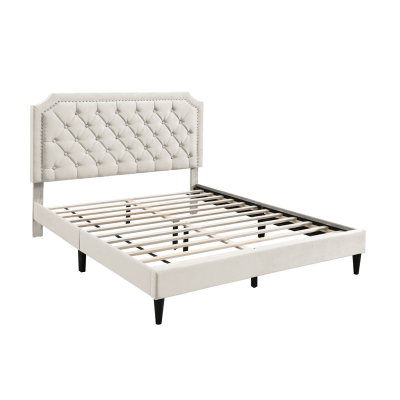 Lit plateforme tapissier à profil bas Ava, Beige, Complète