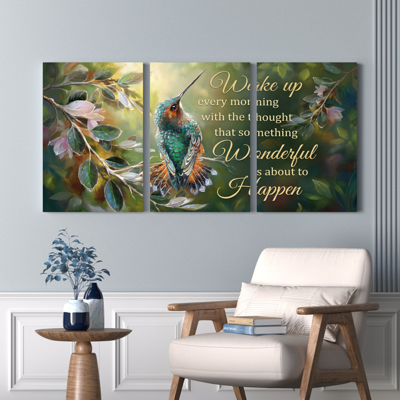 Ensemble de 3 tableaux sur toile tendue représentant un colibri et des fleurs, pour la décoration du salon et de la chambre à coucher.