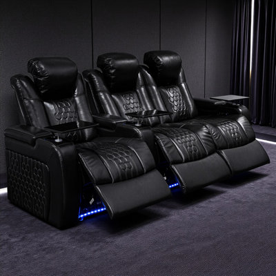 Fauteuil inclinable électrique 3 places 93,3 po noir, fabriqué à partir du dessus - cuir grainé Nappa, lombaire réglable, charge intelligente et éclairage à DEL relaxant, 17 couleurs