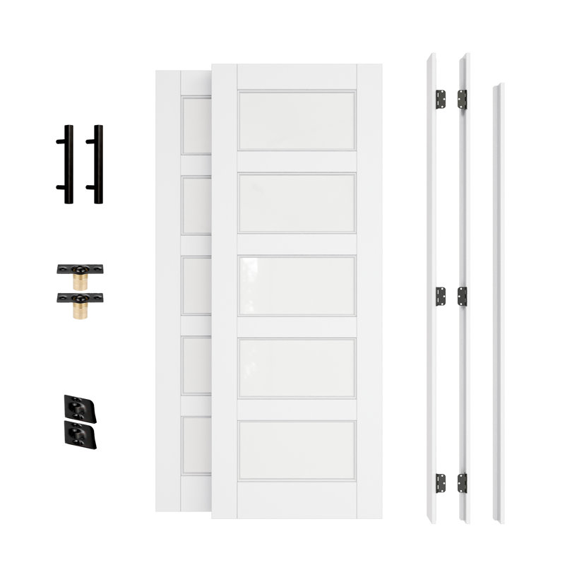 Porte française intérieure de 60 po x 80 po, portes en verre trempé givré 5-Lite avec cadre, loquets complets à bille et charnières et poignées noires, porte blanche apprêtée prête à peindre et à âme solide, intimité et verre givré