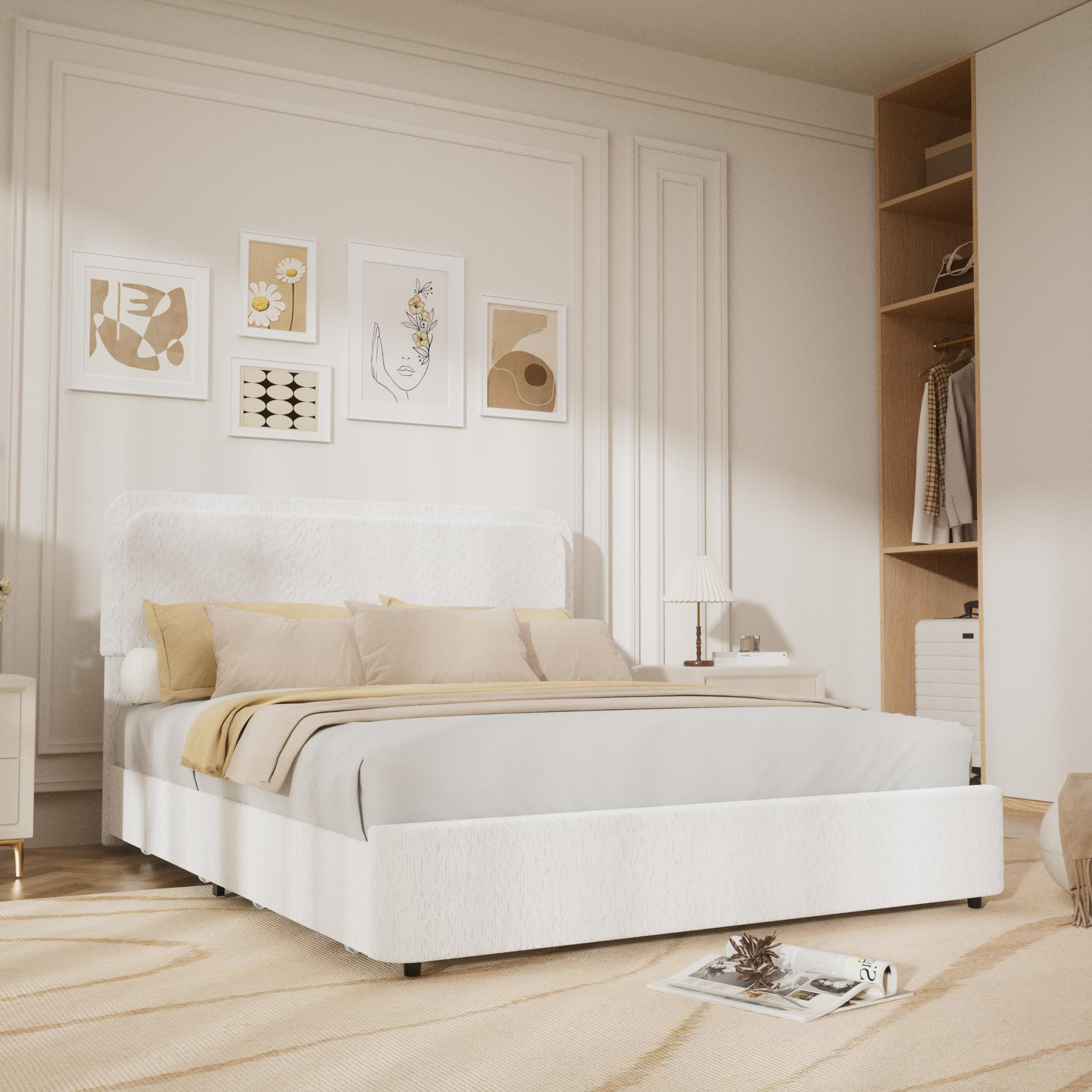 Ebern Designs Bed Frame, Boucle Upholstered Bed Frame With Headboard, 2 ...