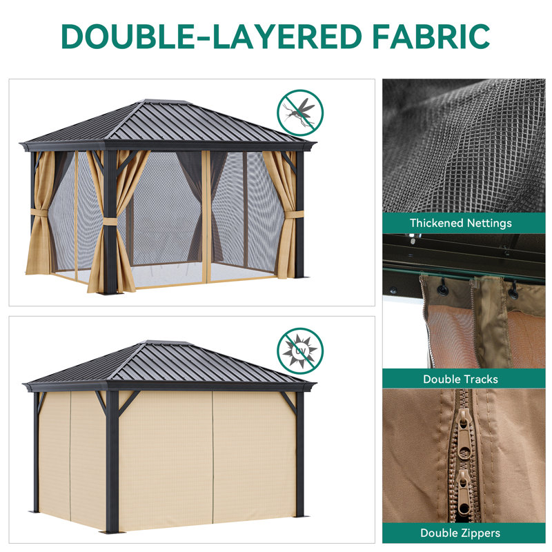 12 pi. L 10 pi. D Pavillon de jardin en aluminium avec rideaux bruns, 12 pi. L 10 pi. D