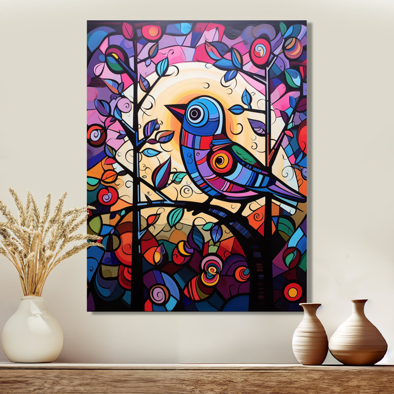 Vitrail oiseau chantant sur une branche Pop Art - impression d'art mural oiseau, Toile tendue, H 32 po x l 24 po x P 1 po