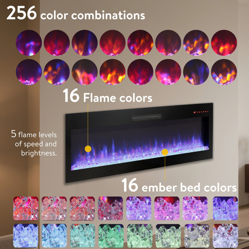 Smart 50" Wifi-Enabled Electric Fireplace Heater, Recessed In-Wall And Wall-Mounted, 18.58" H x 50" W x 4.92" D