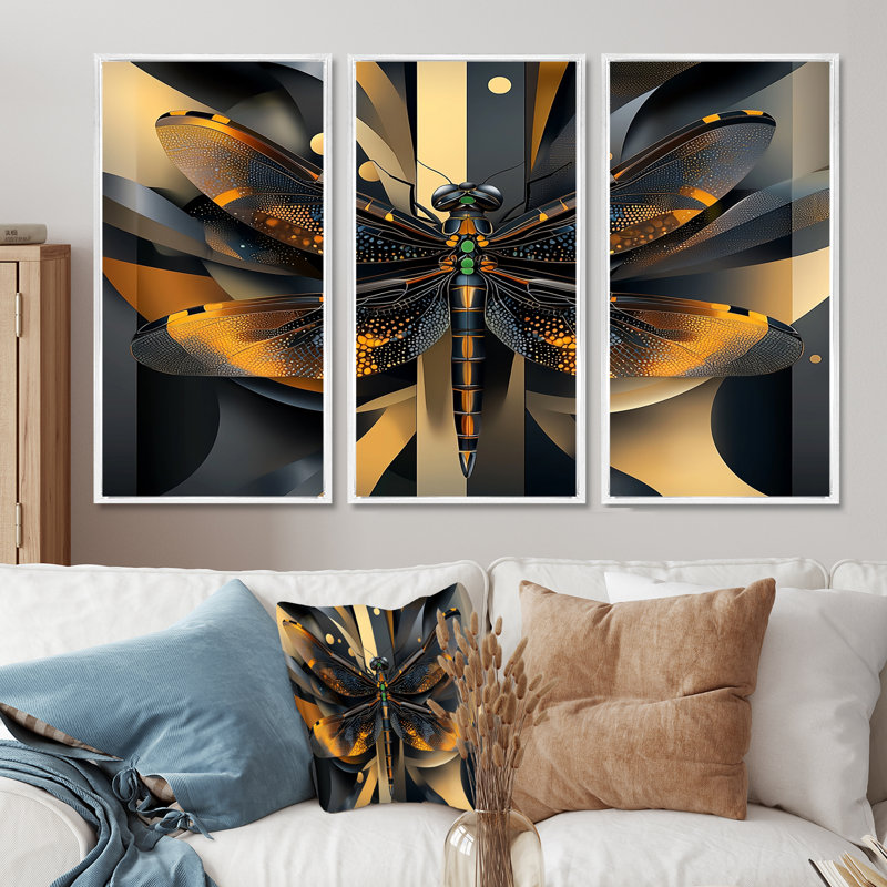 Ensemble de salon noir et or libellule Garden Guardian - Dragonfly Animal Wall Art, Toile encadrée flottée blanche
