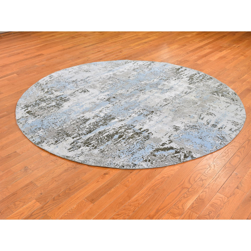 Tapis rond en laine noué à la main de conception unique de 8 pi 1 po en bleu / gris Friedegunde