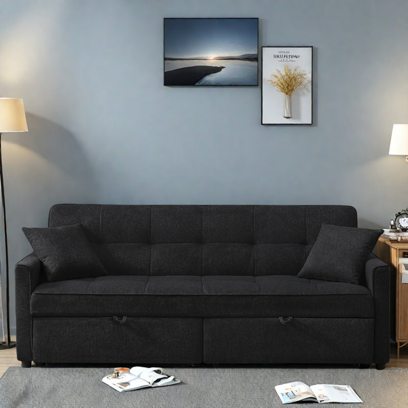 3 In 1 Convertible Sleeper Sofa Bed With Reclining Backrest, Pillows And Side Pockets, Black