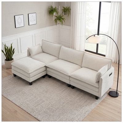 Modern Chenille Sofa Set, 3-Seat Couch with Individual Matching Ottoman, Modular Living Room Furniture with Built-in USB Ports and Side Pockets