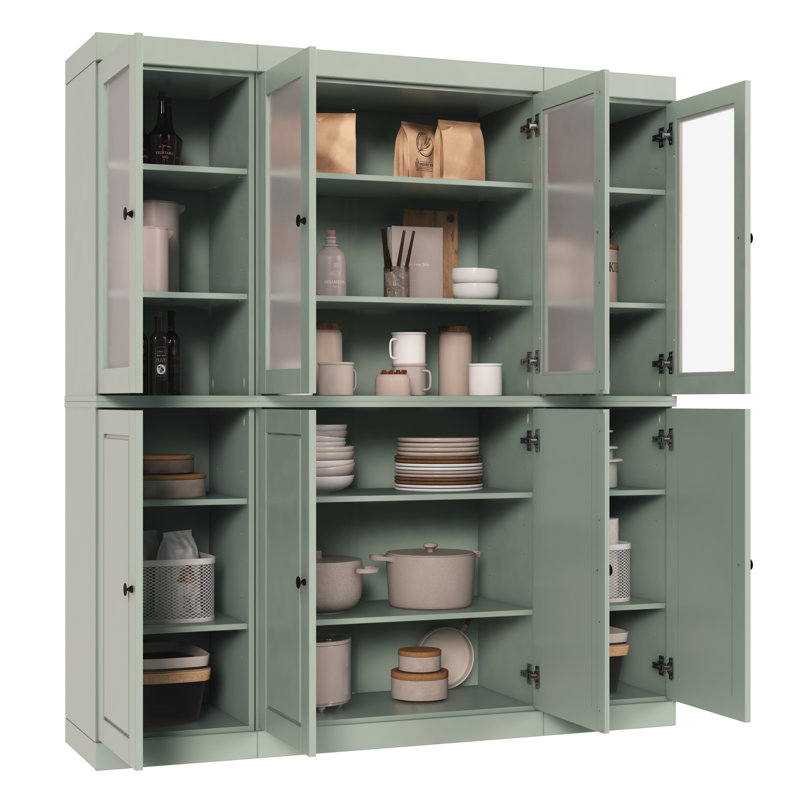 Vaisselier 100% bois massif 65 "avec verre givré, portes solides et tablettes réglables, Sauge