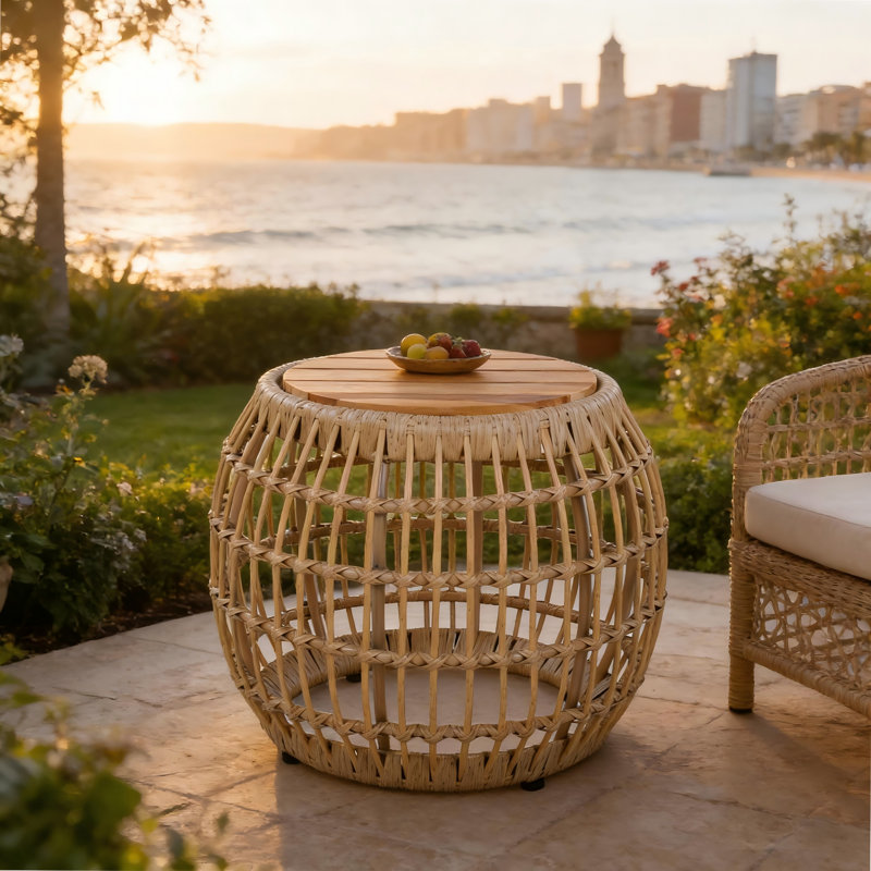 Table d'appoint d'extérieur en bois d'acacia avec base en osier - brun clair, ronde 16,15 po pour l'extérieur, le patio, le jardin, le balcon et l'intérieur