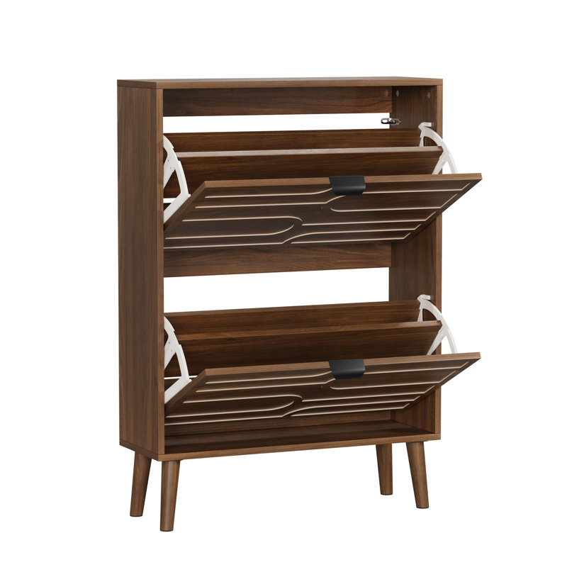 12 Pair Shoe Cabinet with 2 Flip Drawers, Wooden Shoe Organizer Cabinet