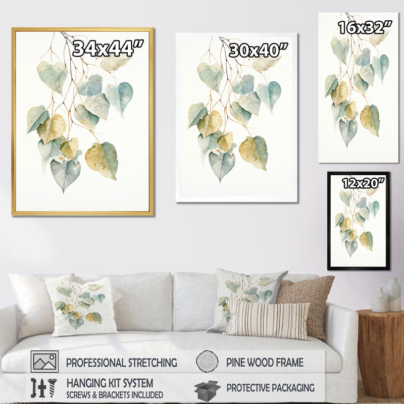 Feuilles vertes, charme minimaliste II sur toile, Cadre flottant noir, H 32 po x l 16 po x P 1 po