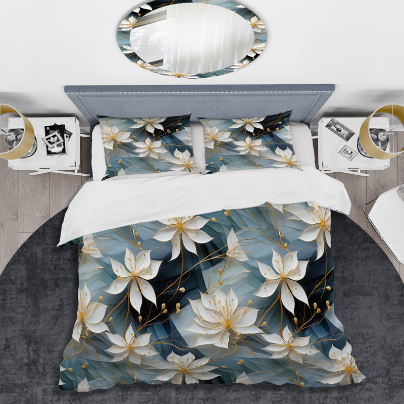 Ensemble de housse de couette Serenity blanc et bleu sarcelle, Housse de couette pour grand lit et 2 taies décor