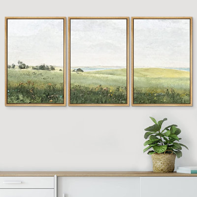 SIGNLEADER Framed Canvas Print Wall Art Set Green Pasture Countryside Flower Field Nature Abstract Illustrations Modern Art Decorative Nordic Rustic For Living Room, Bedroom, Office
