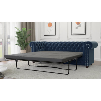 Chesterfield Hanna 3 Seater Sofa with Sleeping Function Made of Velvet Fabric with Solid Wood Legs