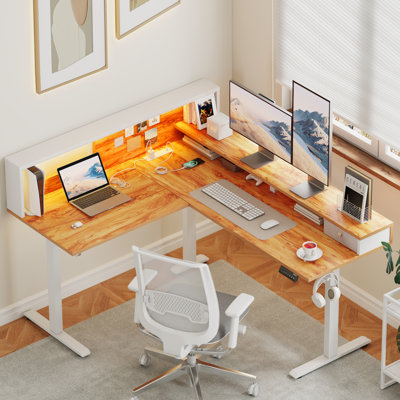 Prise électrique pour bureau debout en forme de L et lumières DEL, bureau d'ordinateur réglable