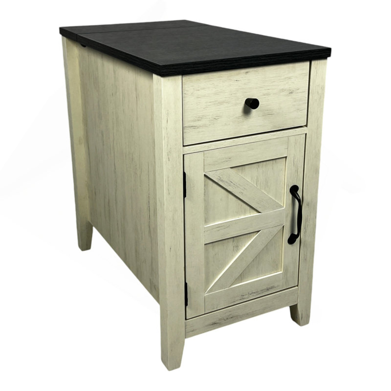 Farmhouse End Table Bedside Table With Charging Station,Night Stand With Barn Door And Drawer, Storage For Bedroom Living Room ,Bedside Table,  White+Black Color