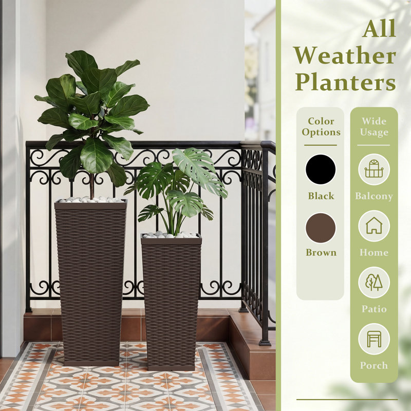 2-piece Premium Imitation Rattan Plastic Planters With Drainage Holes, Tall Planter Pots For Indoor & Outdoor Use, Brown