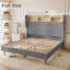 Structure de lit double avec tête de lit à oreilles en velours côtelé de 51 po de hauteur et tablette de rangement, lit plateforme tapissier avec lumières DEL et station de charge, aucun sommier requis, assemblage facile, gris-129953407-129953401