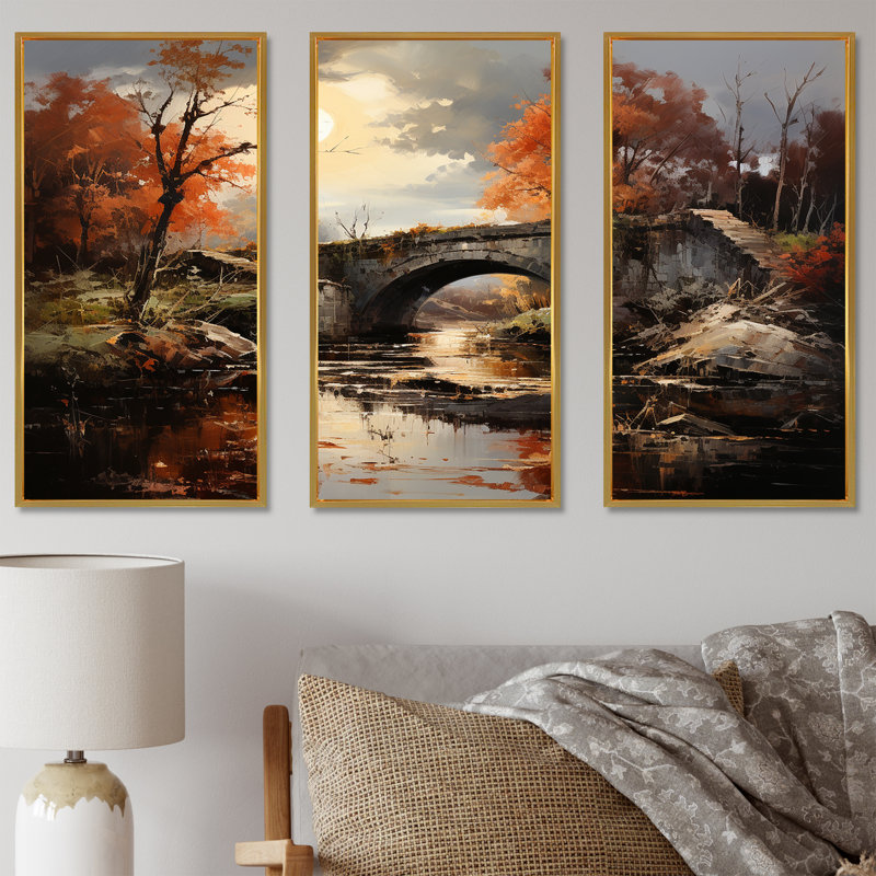 Ensemble de salon Bridges Sunrise I - Bridges Wall Art, Cadre flottant doré, H 32 po x l 48 po x P 1 po
