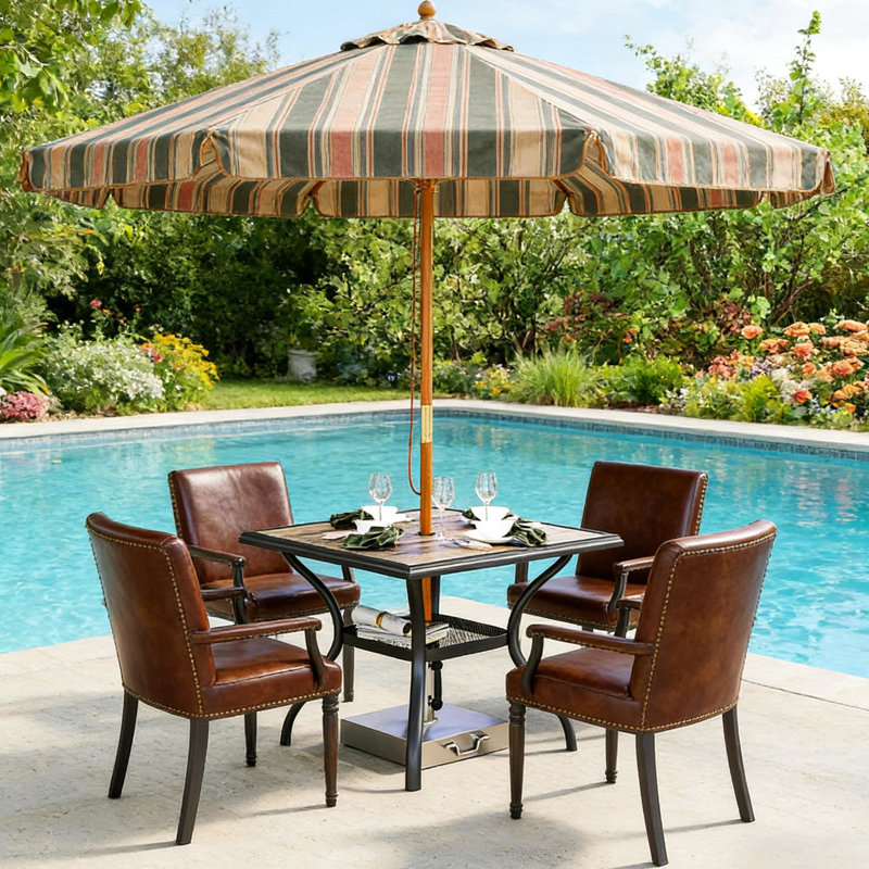 Table de salle à manger d'extérieur carrée, 37 po x 37 po, rangement intégré, faux bois, structure stable, table facile à installer pour les rassemblements décontractés, taille, prêt pour un parasol double couche