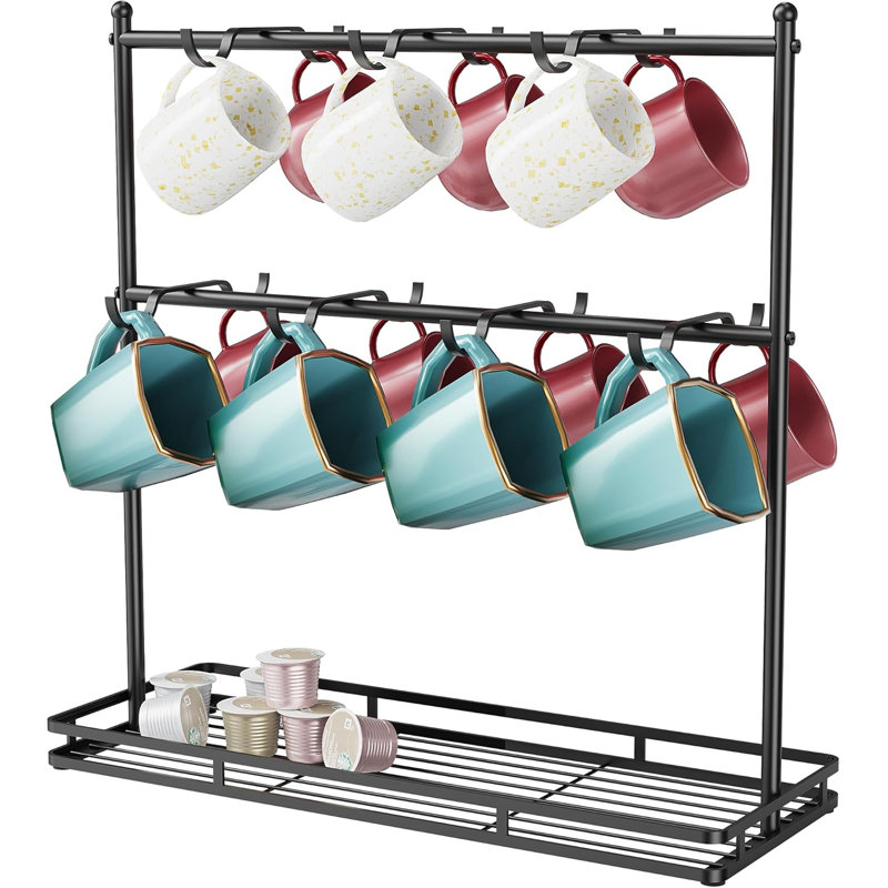 Porte-tasse à café pour comptoir, porte-gobelet à 14 crochets pour 14 tasses, présentoir à 2 niveaux avec base en métal robuste