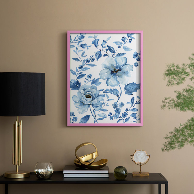 Imprimé encadré bleu chinois - bois massif, 15" H x 12" W, Rose