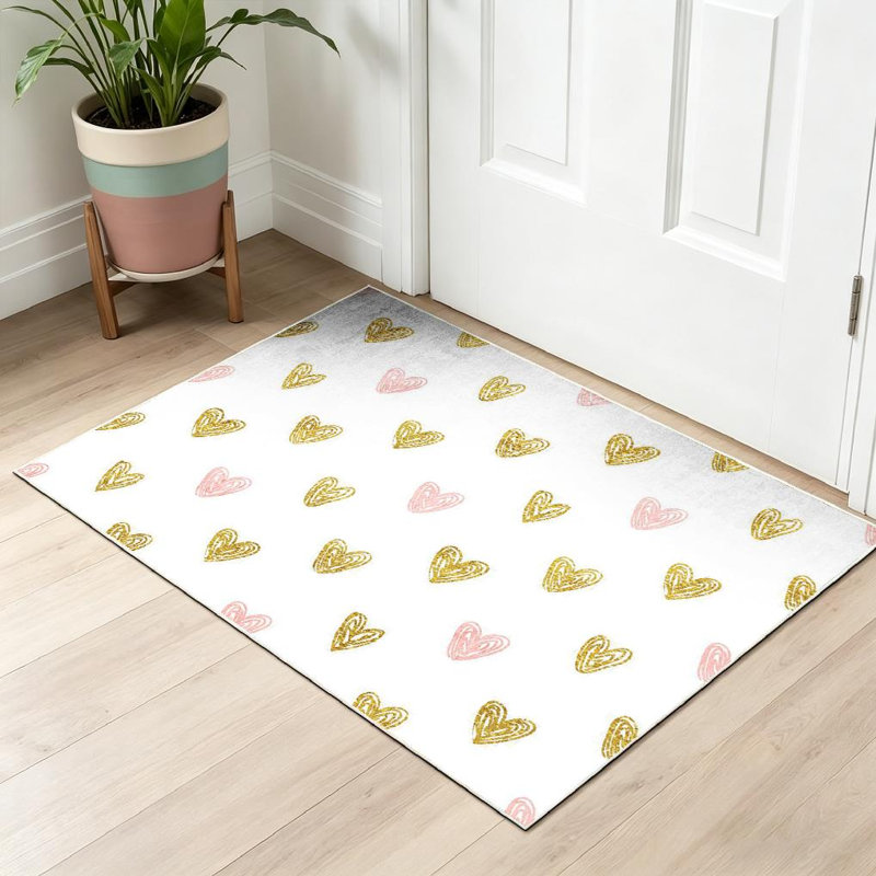 Tapis intérieur rose à motif de cœurs rose et rose lavable à la machine, Rectangle 32" x 47"
