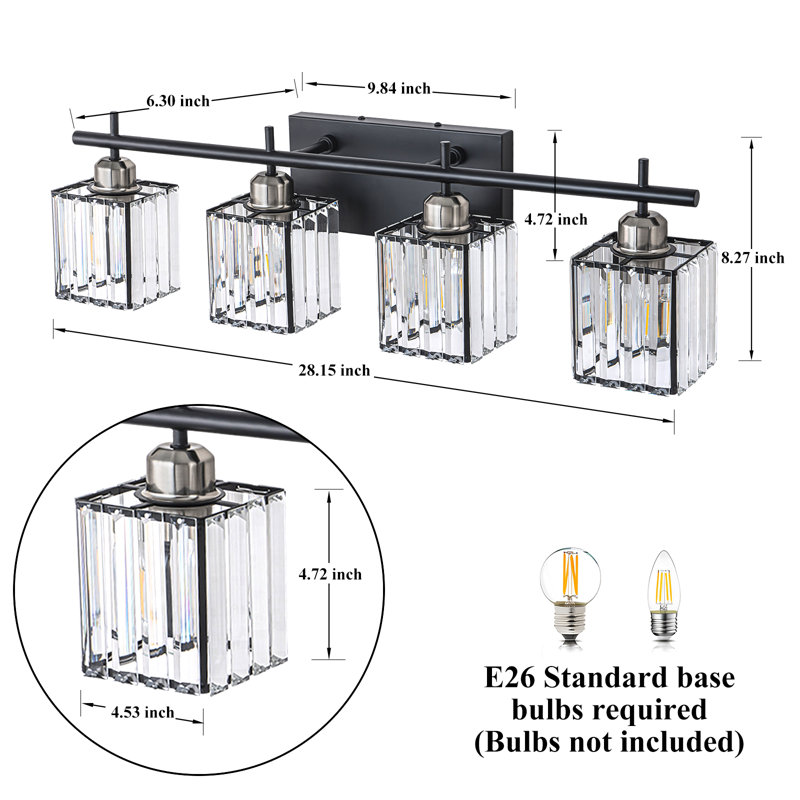 Éclairage pour meuble-lavabo de salle de bain avec abat-jour en cristal de verre, Noir mat / nickel