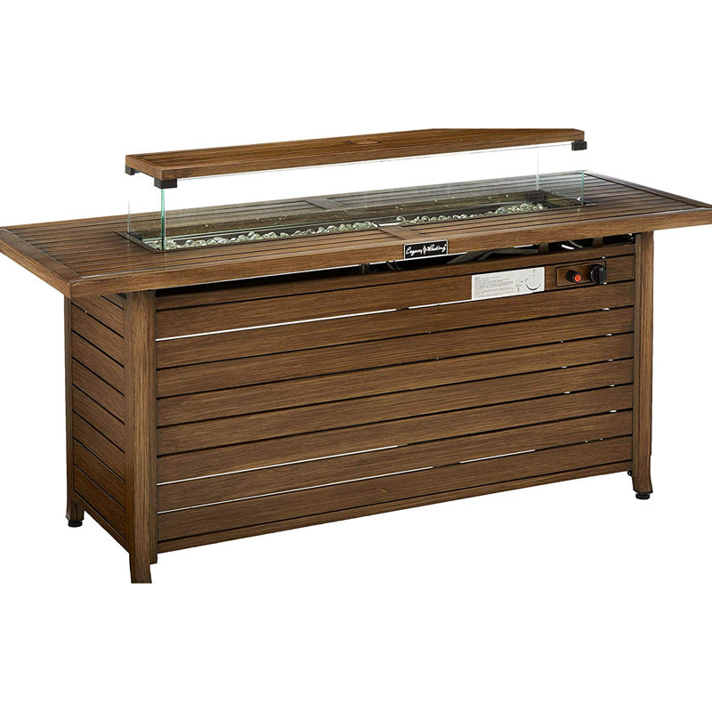 Table de foyer au propane de 57 pouces, 50 000 BTU, rectangulaire avec couvercle et pare-vent, jaune-brun, pour un jardin, une terrasse, un patio ou une fête en plein air inoubliable. 50 000 BTU, rectangulaire, acier brun.