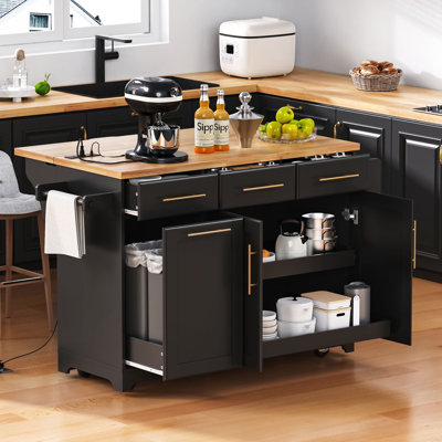 59.3" Kitchen Island With Storage 2 Pull Out Cabinet Organizers & Rubber Wood Drop Leaf