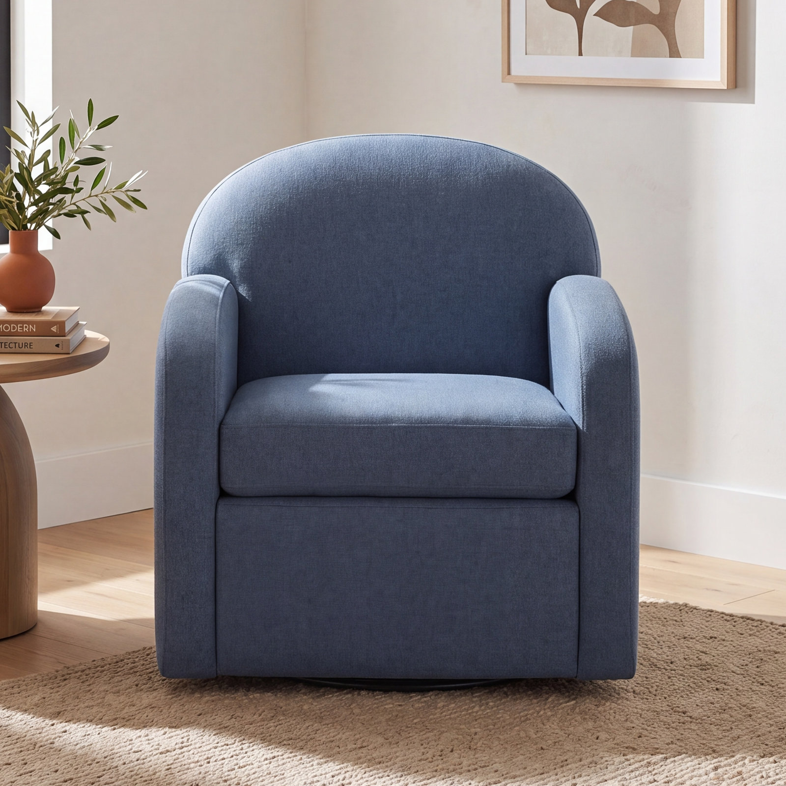 Swivel Barrel Chair, Blue Performance Fabric   